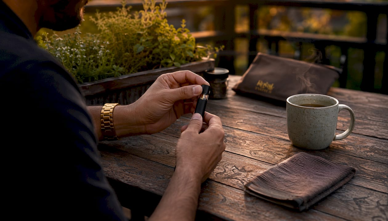 Hands preparing Stiiizy indica pod vape in kitchen