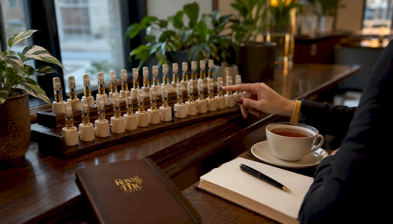 Retail display of live rosin vape cartridges