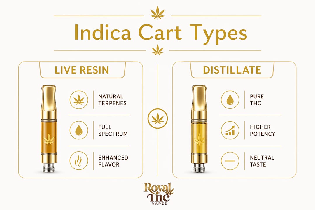 Comparison infographic of live resin vs distillate indica carts