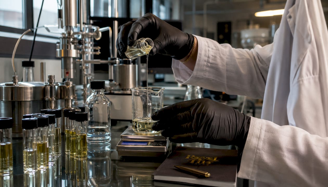 Lab technician handling cannabis oil vial