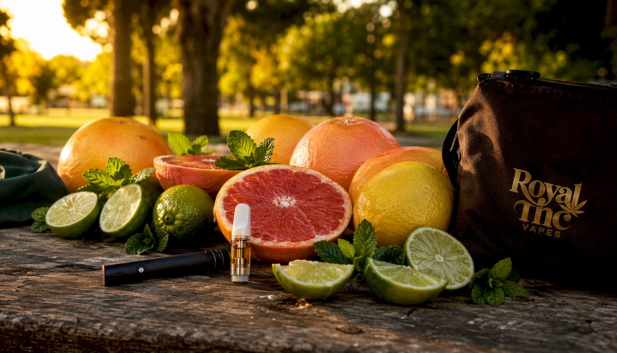 Citrus fruits with vape cartridge studio still life