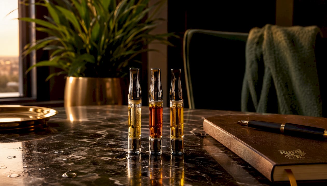 Overhead view of different vape cartridge types on table