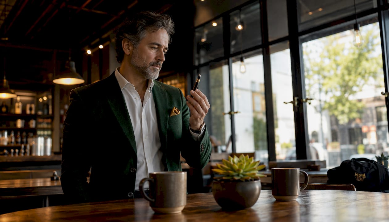 Hands holding cannabis vape pen with medical tools nearby