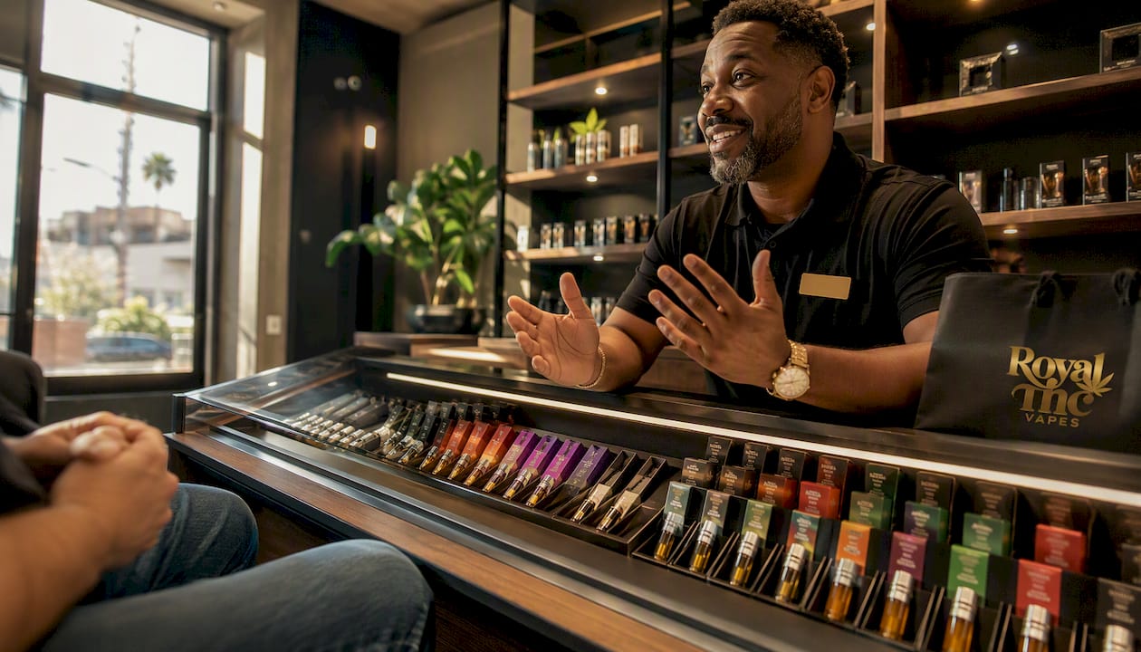 Dispensary counter showing Muha Meds extract types with employee