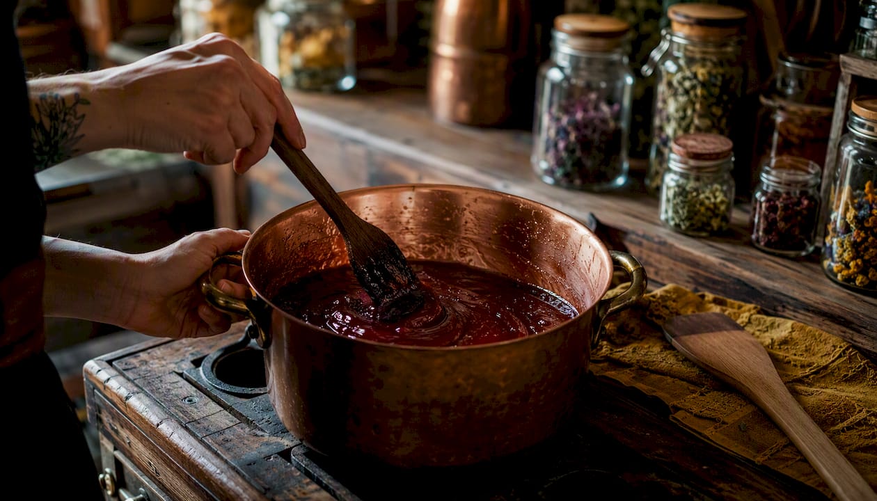 Hands stirring THC gummy mix in pot