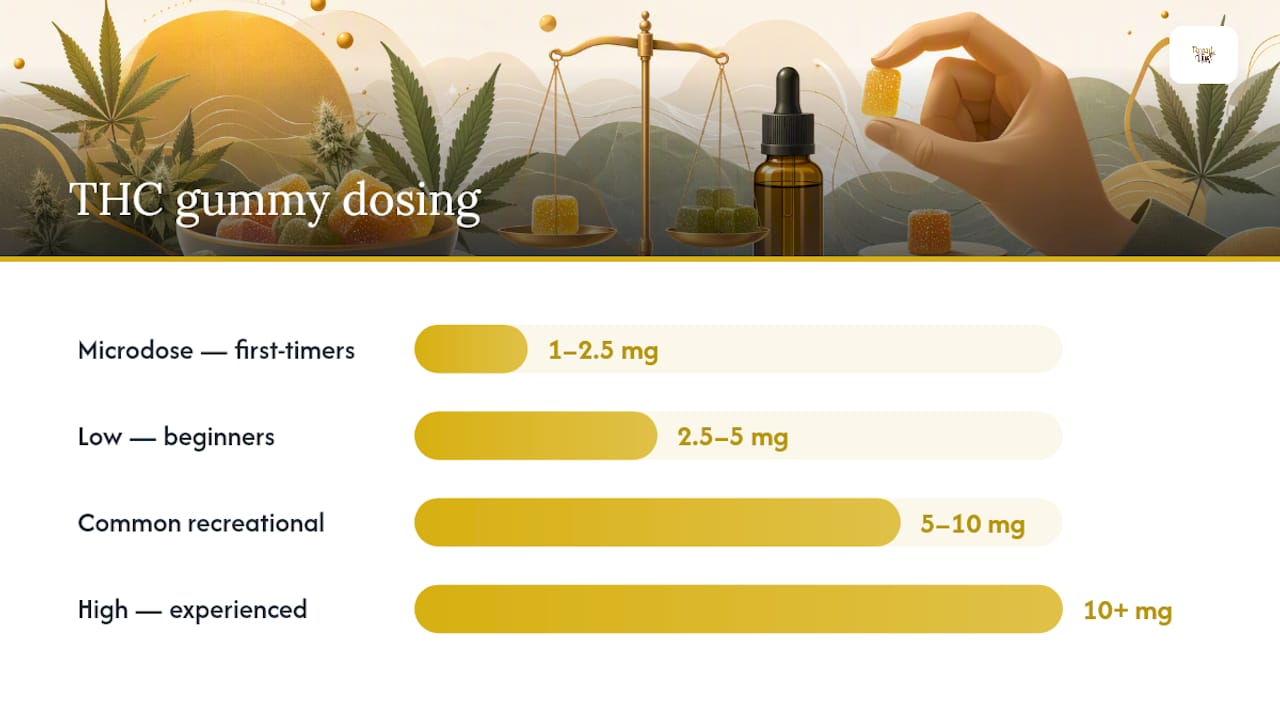 Diagram of THC gummy dosing ranges and recommended users