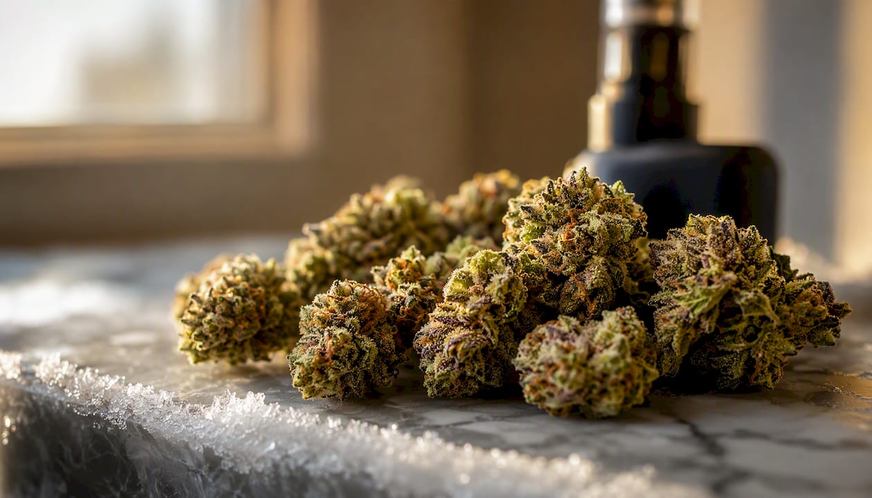 Close-up of fresh-frozen cannabis buds with ice crystals