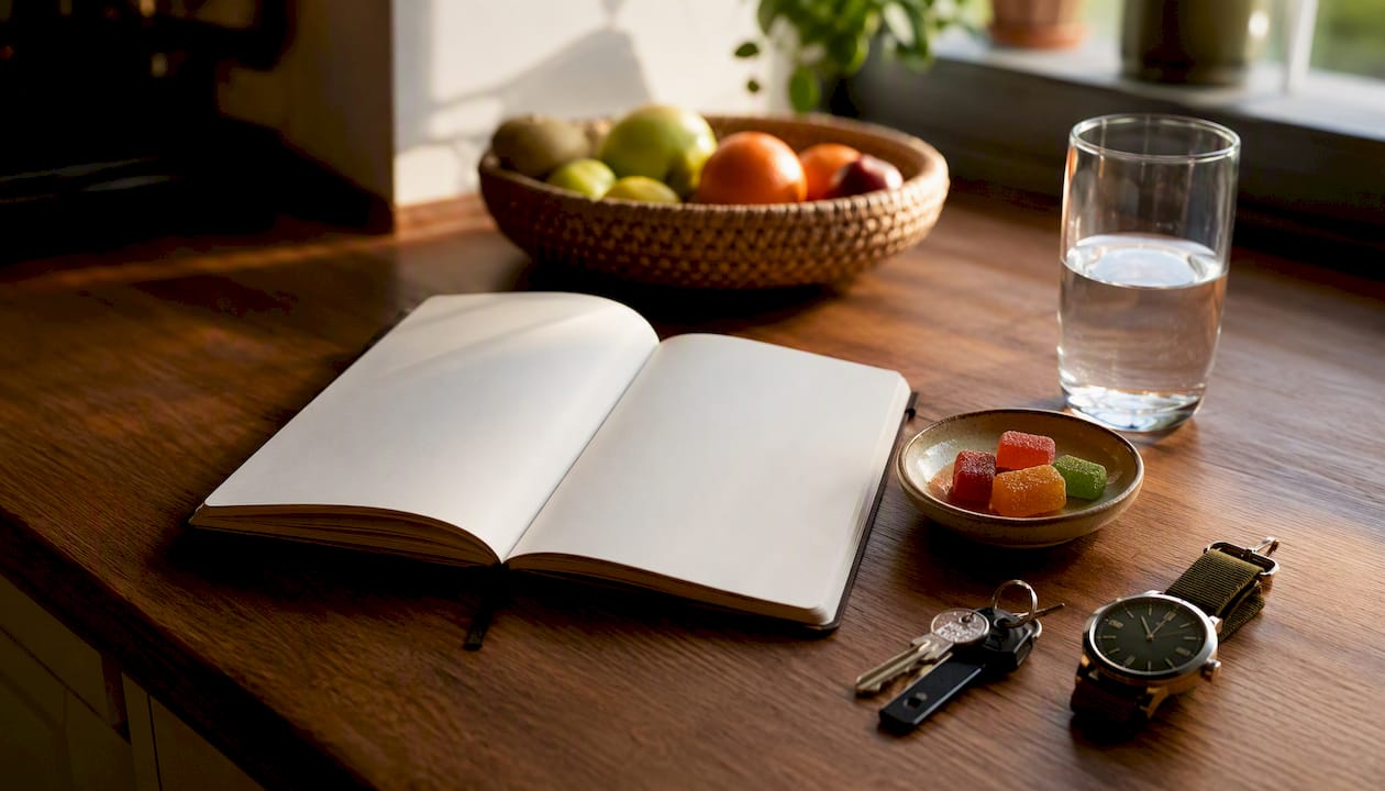 Health journal and edible on kitchen table