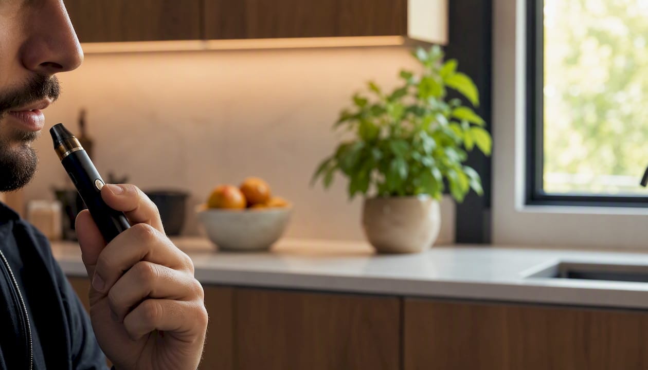 Hand taking a small puff from vape pen